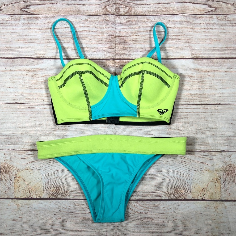 NWOT Roxy Neon Lime and Aqua Neoprene Surf Two-Piece Bikini Set - Picture 1 of 13